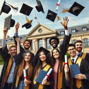 estudiantes internacionales que se gradúan en la universidad lanzando sus birretes al aire